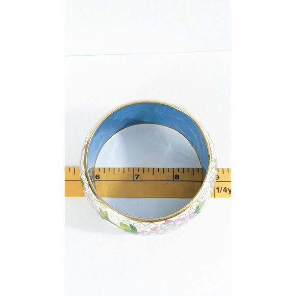 Large Wide Vintage Cloisonne Enamel Bangle Bracelet - Flowers Leaves Clouds - Picture 13 of 16